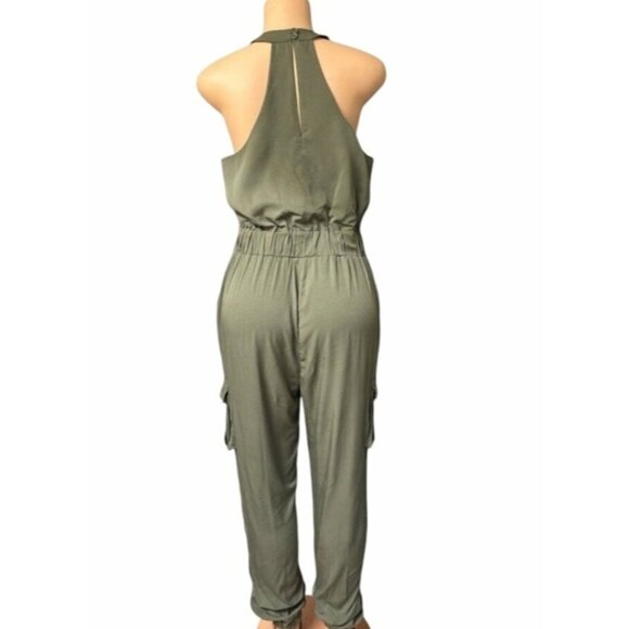Venus Olive Green Sleeveless Jumpsuit With  Rhinestone Embellishment Neckline L - Picture 8 of 12